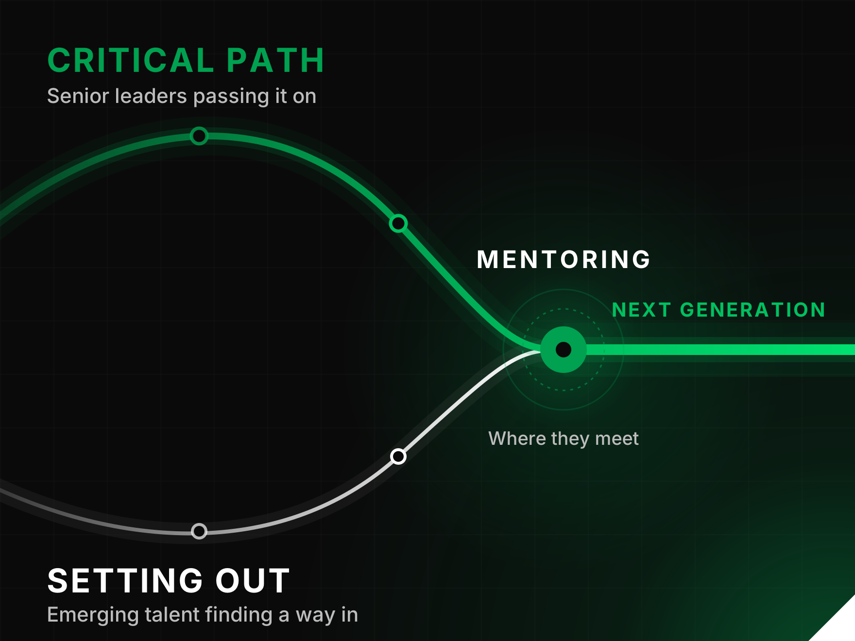 Critical Path, senior leaders, and Setting Out, emerging talent, converging at mentoring and continuing as the next generation of leaders