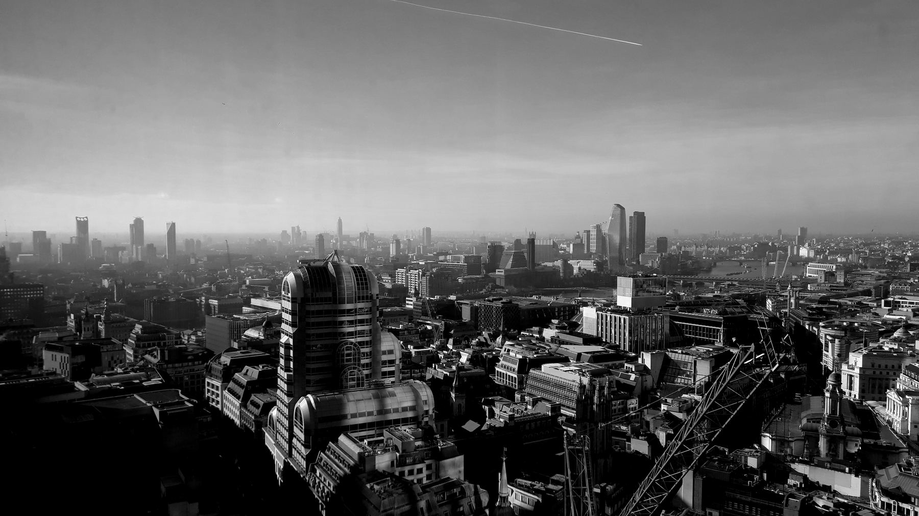 Tower cranes over the City of London, seen from above